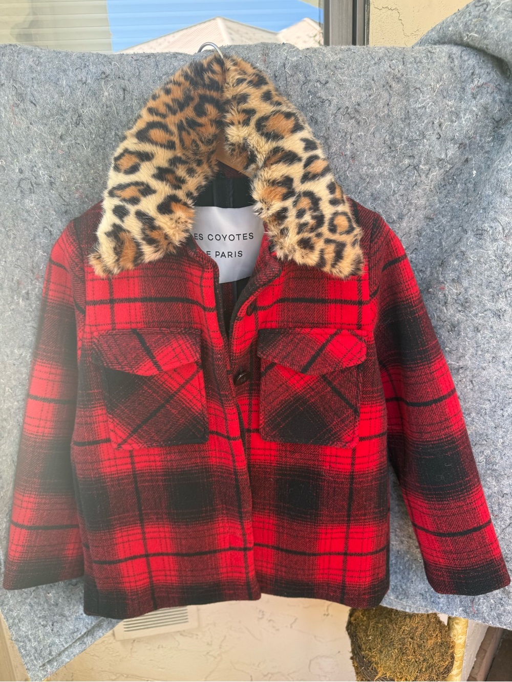 Kids Red Plaid Pea Coat with Leopard Faux-Fur Collar